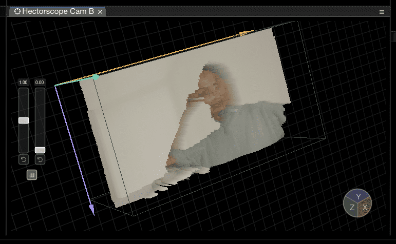 a threedimensional representation of a person depicted in a pixelated style is shown on a grid with movement controls on the side for adjusting the view the figure appears to be seated with a thoughtful expression digital production A three-dimensional representation of a person, depicted in a pixelated style, is shown on a grid, with movement controls on the side for adjusting the view. The figure appears to be seated with a thoughtful expression.