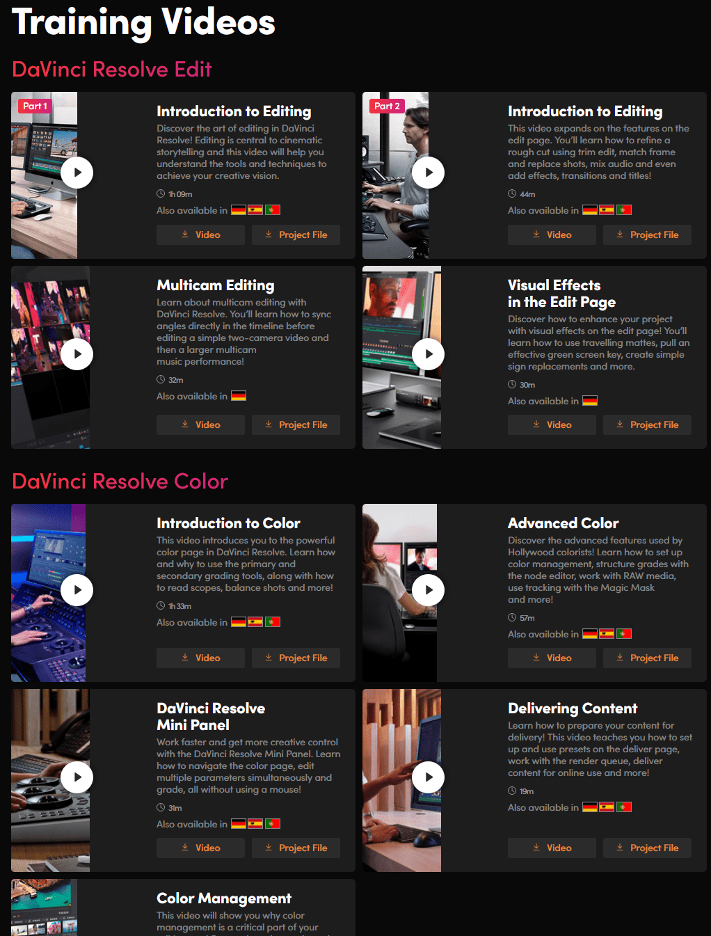 a vibrant webpage section titled training videos featuring an organized grid of thumbnails related to video editing and color grading tutorials in davinci resolve each thumbnail includes a video play button and brief descriptions providing users with rich visual opportunities to learn professional editing skills digital production A vibrant webpage section titled 'Training Videos' featuring an organized grid of thumbnails related to video editing and color grading tutorials in DaVinci Resolve. Each thumbnail includes a video play button and brief descriptions, providing users with rich visual opportunities to learn professional editing skills.