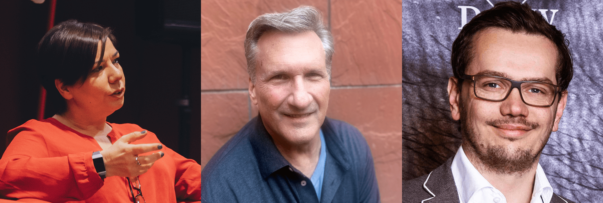 a collage of three portraits on the left a woman in a red blouse gestures expressively while speaking in the center an older man with gray hair is smiling warmly in a blue shirt on the right a young man with glasses and a neatly styled hairstyle is looking confidently at the camera digital production A collage of three portraits: on the left, a woman in a red blouse gestures expressively while speaking; in the center, an older man with gray hair is smiling warmly in a blue shirt; on the right, a young man with glasses and a neatly styled hairstyle is looking confidently at the camera.