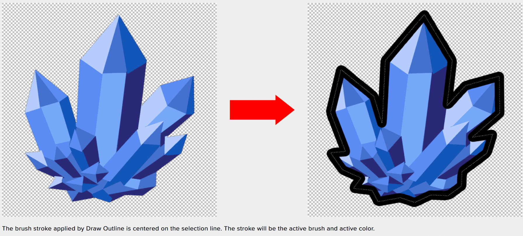 a digital illustration comparing two crystal designs on the left a cluster of sharp blue crystals with varying shades of blue and white highlights on the right the same crystals appear with a thick black outline enhancing their shape and emphasizing depth against a transparent background below a note explains the brush stroke applied in the design process digital production A digital illustration comparing two crystal designs. On the left, a cluster of sharp, blue crystals with varying shades of blue and white highlights. On the right, the same crystals appear with a thick black outline, enhancing their shape and emphasizing depth against a transparent background. Below, a note explains the brush stroke applied in the design process.