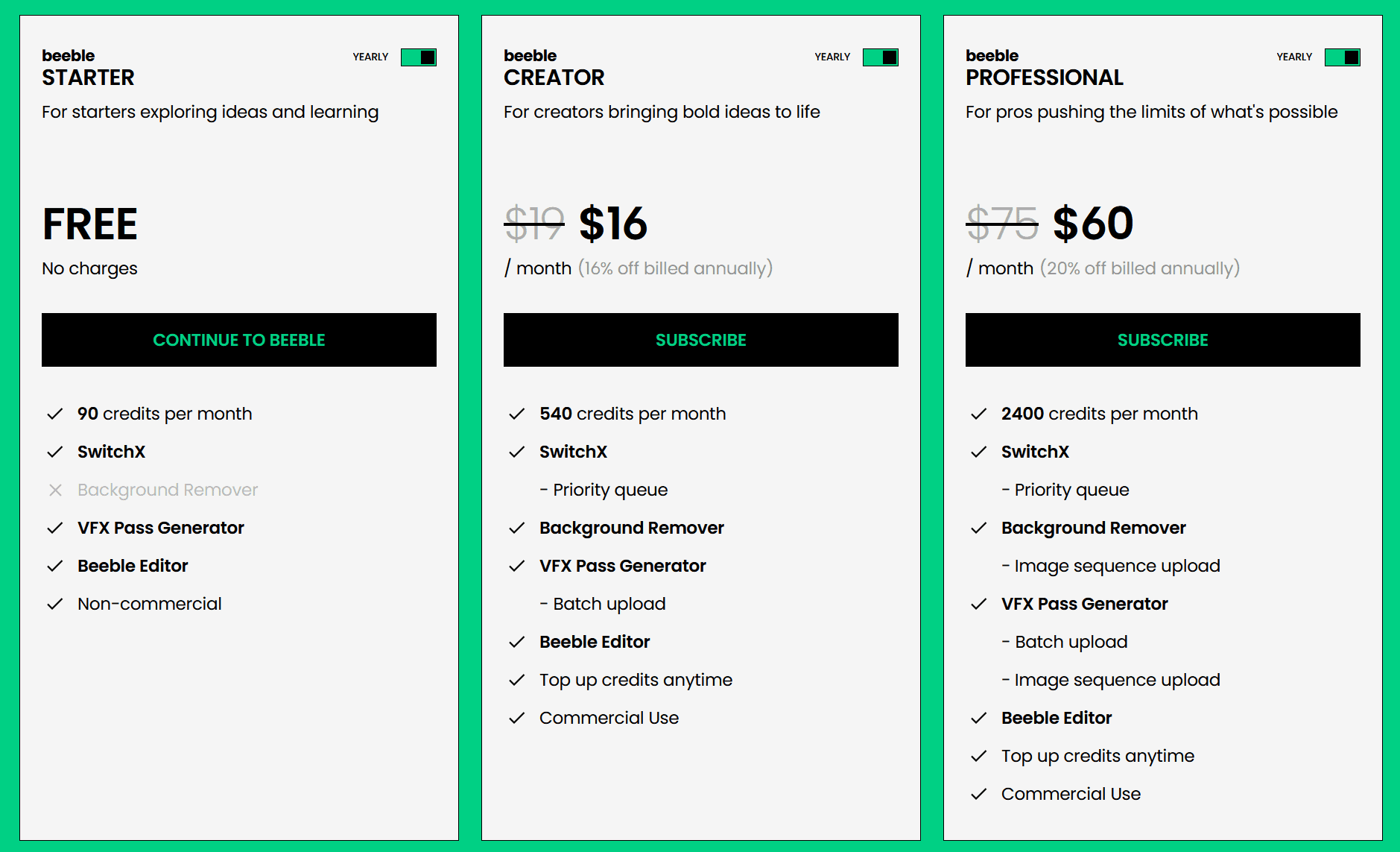 a colorful pricing table for beeble featuring three subscription tiers starter creator and professional each tier includes different features like credit allowances background removal tools and editing options clearly labeled with corresponding monthly fees digital production A colorful pricing table for Beeble, featuring three subscription tiers: Starter, Creator, and Professional. Each tier includes different features like credit allowances, background removal tools, and editing options, clearly labeled with corresponding monthly fees.