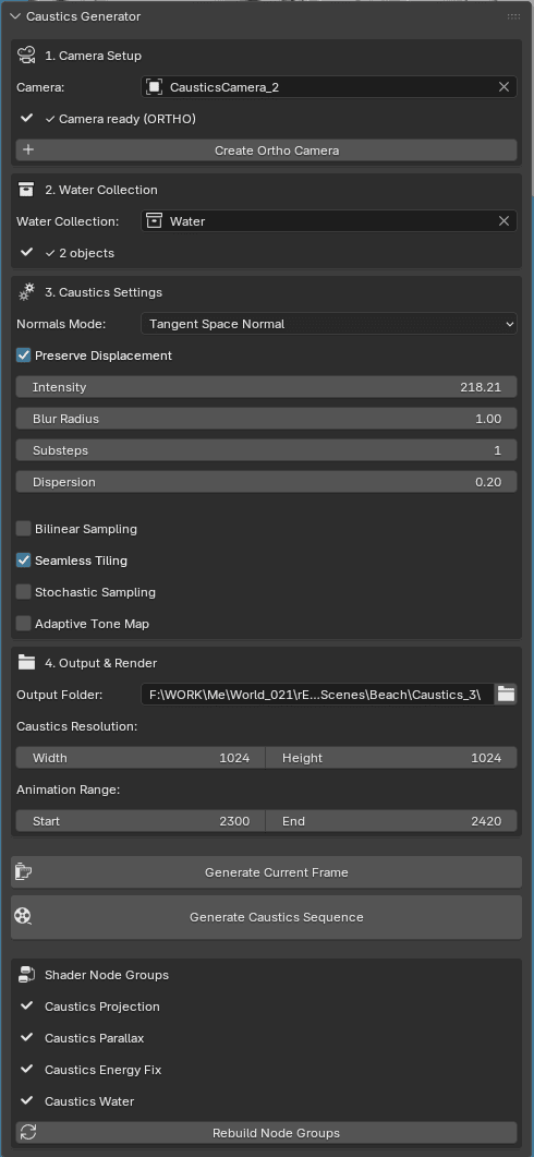 an interface for a caustics generator in 3d software displaying settings for camera setup water collection and caustics settings options include intensity blur radius and output folder details showcasing a technical layout with clean lines and structured organization digital production An interface for a caustics generator in 3D software, displaying settings for camera setup, water collection, and caustics settings. Options include intensity, blur radius, and output folder details, showcasing a technical layout with clean lines and structured organization.