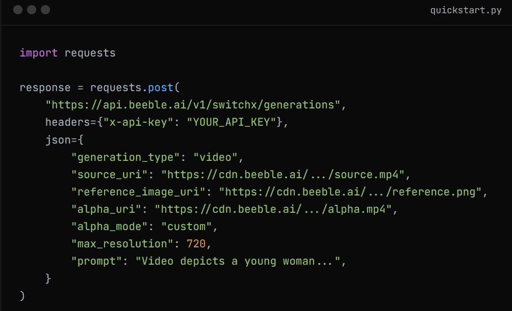a snippet of python code displayed on a dark background showcasing an http post request to an api the code includes various parameters like generationtype sourceuri and prompt the text is arranged in a clean readable format with clear indentation digital production A snippet of Python code displayed on a dark background, showcasing an HTTP POST request to an API. The code includes various parameters like 'generation_type', 'source_uri', and 'prompt'. The text is arranged in a clean, readable format, with clear indentation.