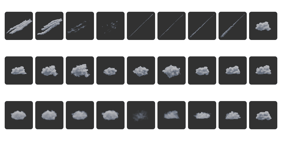 a grid of various cloud formations displayed on a dark background the top row features thin wispy formations and straight lines while the subsequent rows showcase fluffy dense clouds in different shapes and threedimensional textures displaying a range of atmospheric colors and shading digital production A grid of various cloud formations displayed on a dark background. The top row features thin, wispy formations and straight lines, while the subsequent rows showcase fluffy, dense clouds in different shapes and three-dimensional textures, displaying a range of atmospheric colors and shading.