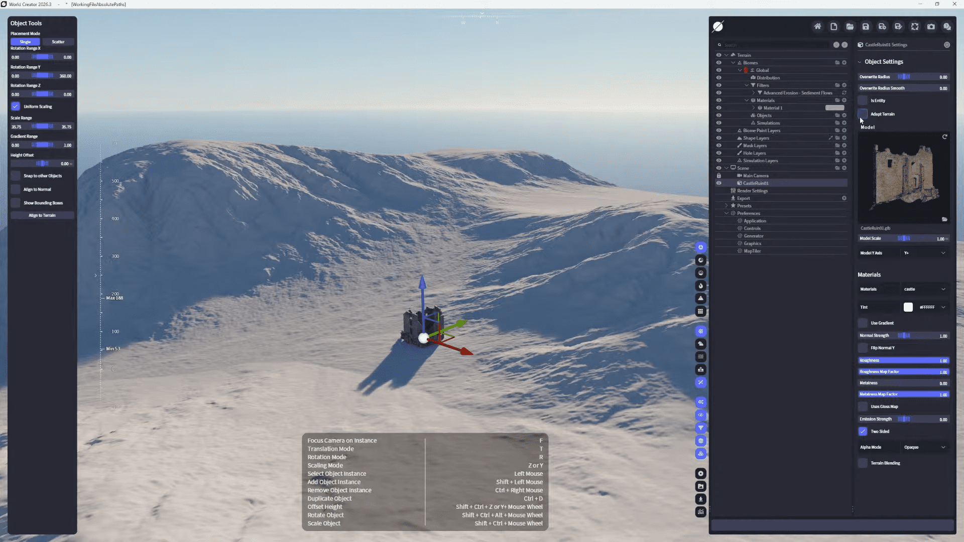 a digital scene showcases a snowy mountain landscape under a clear blue sky dominating the foreground is a 3d object with colored axes for positioning surrounded by a pristine white terrain on the left an interface panel displays object parameters and settings digital production A digital scene showcases a snowy mountain landscape under a clear blue sky. Dominating the foreground is a 3D object with colored axes for positioning, surrounded by a pristine white terrain. On the left, an interface panel displays object parameters and settings.