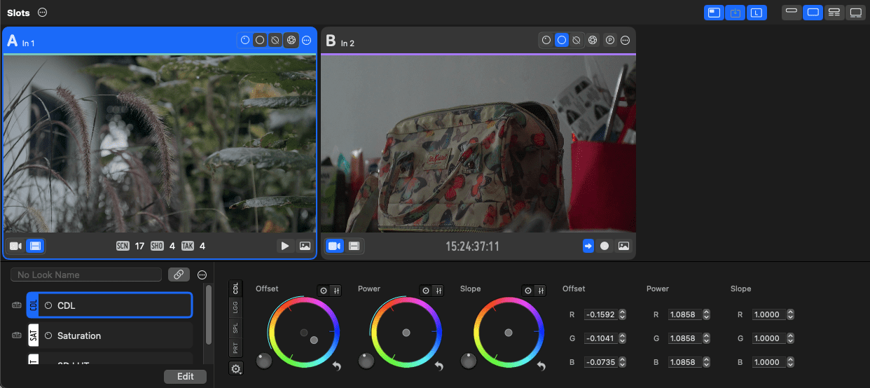 a digital editing interface displaying two video clips side by side with one showing closeup nature elements and the other featuring a colorful backpack in a studio setting settings for color adjustments are visible below digital production A digital editing interface displaying two video clips side by side, with one showing close-up nature elements and the other featuring a colorful backpack in a studio setting. Settings for color adjustments are visible below.