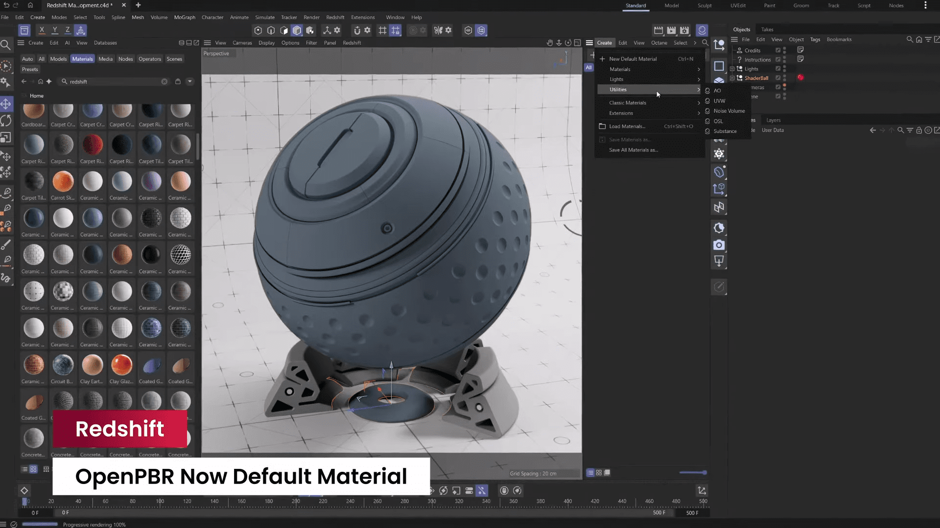 a 3d rendering of a blue spherical object featuring intricate textures and patterns the sphere sits atop a sleek black base surrounded by a grid layout displaying various material swatches on the left side the interface shows a software environment with options like redshift and openpbr now default material highlighted digital production A 3D rendering of a blue, spherical object featuring intricate textures and patterns. The sphere sits atop a sleek black base, surrounded by a grid layout, displaying various material swatches on the left side. The interface shows a software environment with options like 'Redshift' and 'OpenPBR Now Default Material' highlighted.