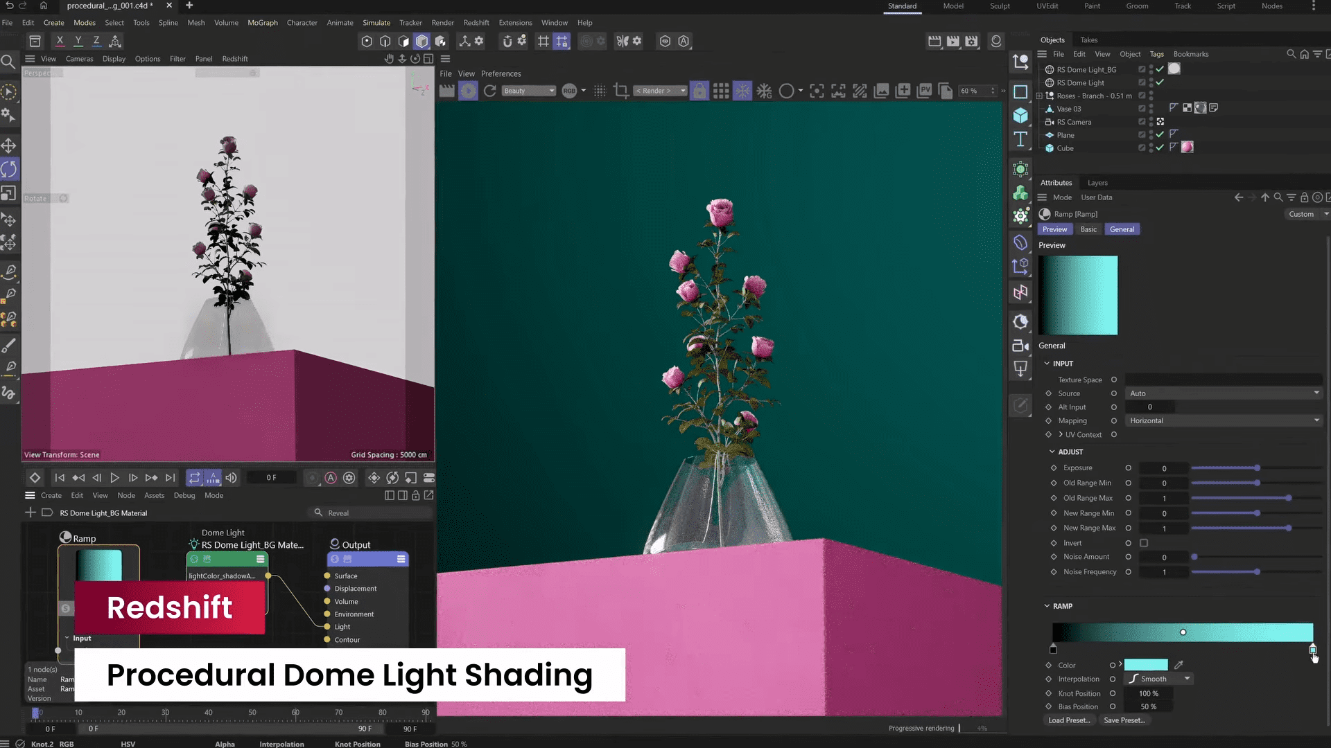 a glass vase filled with delicate pink roses is centered on a bright pink pedestal with a vivid teal background enhancing the floral display the image features a side panel displaying a 3d rendering interface labeled redshift and procedural dome light shading for visual effects digital production A glass vase filled with delicate pink roses is centered on a bright pink pedestal, with a vivid teal background enhancing the floral display. The image features a side panel displaying a 3D rendering interface labeled 'Redshift' and 'Procedural Dome Light Shading' for visual effects.