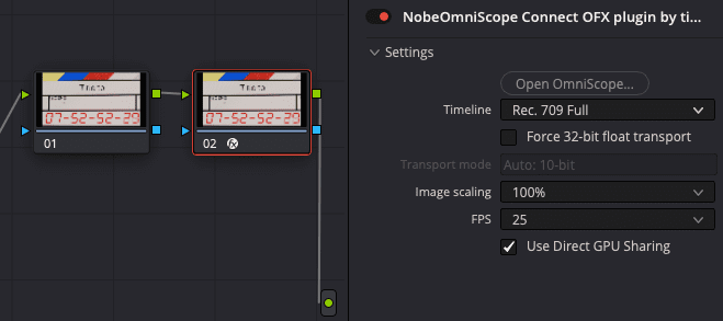 a software interface showing two nodes labeled 01 and 02 connected by arrows on the right settings for the nobeomniscope plugin are visible including options for timeline transport mode image scaling fps and gpu sharing digital production A software interface showing two nodes, labeled 01 and 02, connected by arrows. On the right, settings for the NobeOmniScope plugin are visible, including options for timeline, transport mode, image scaling, FPS, and GPU sharing.