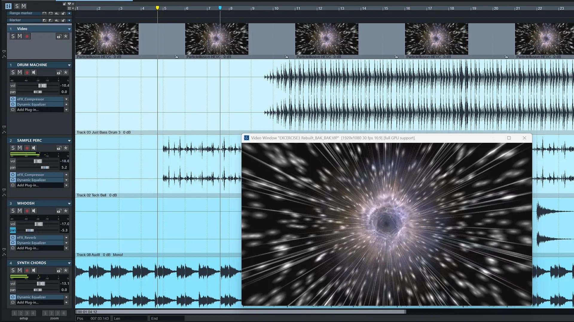a digital audio workstation interface displaying multiple audio tracks with varying waveforms a swirling visual effect of a black hole dominates the center radiating lines of light and particles creating a dynamic illusion of movement amidst the track layout digital production https://borisfx-com-res.cloudinary.com/image/upload/q_auto/f_auto/v1775654157/New-Video-Engine-V1_fadzyu.webp