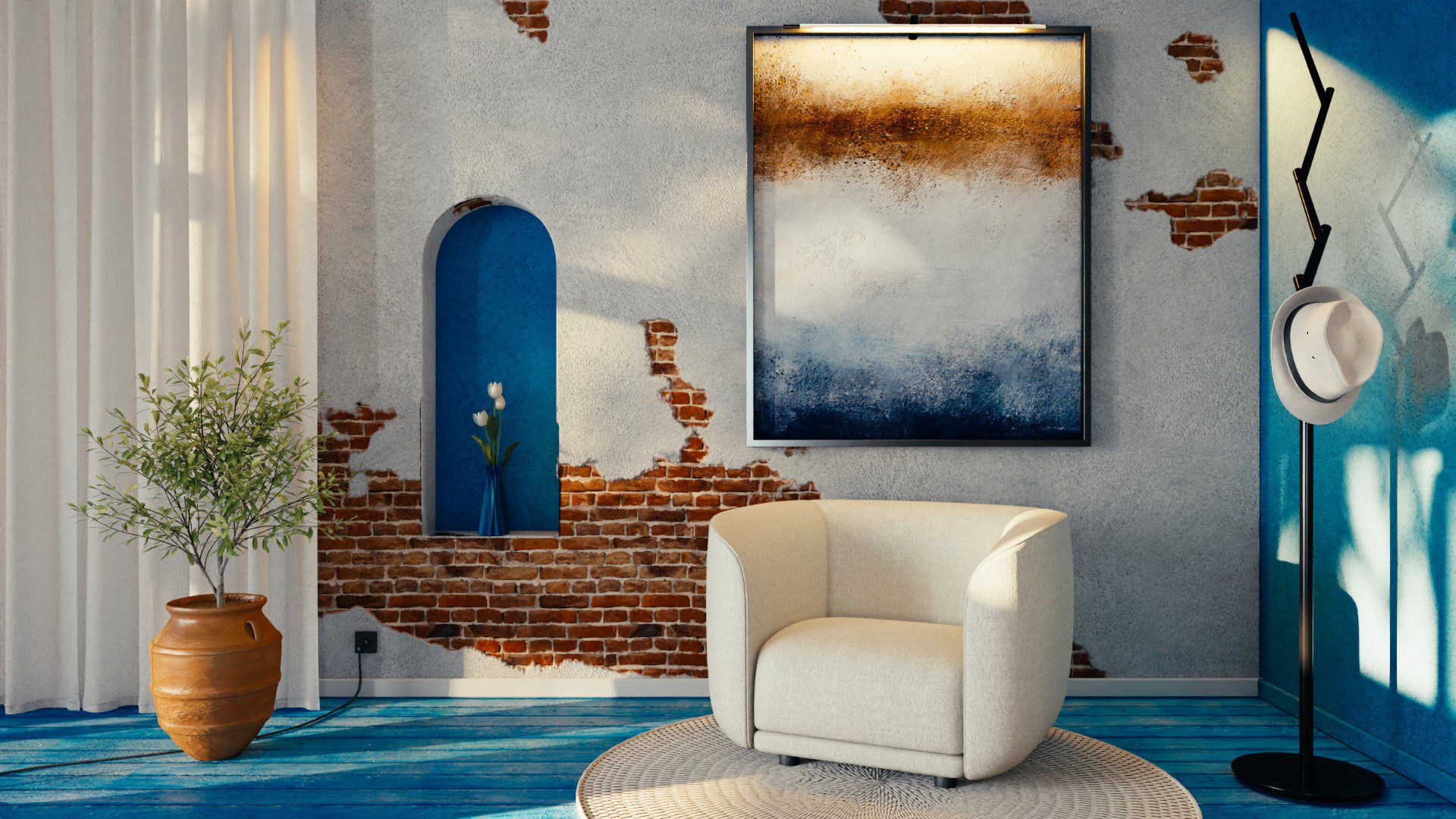 a cozy corner of a modern room features a plush white armchair facing a large abstract painting the walls showcase a blend of exposed brick and a smooth blue section while a potted plant adds greenery beside a clay vase a stylish floor lamp stands near digital production A cozy corner of a modern room features a plush white armchair facing a large abstract painting. The walls showcase a blend of exposed brick and a smooth blue section, while a potted plant adds greenery beside a clay vase. A stylish floor lamp stands near.