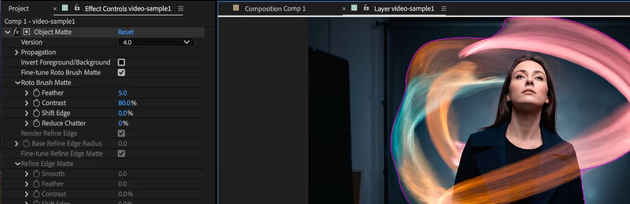 a woman with long dark hair stands against a dark background wearing a black coat surrounding her vibrant swirls of color in blue pink and yellow create a dynamic and abstract visual effect emphasizing a sense of motion and creativity digital production https://helpx-prod.scene7.com/is/image/HelpxProd/object-matte-06-ae?$pjpeg$&jpegSize=200&wid=1300