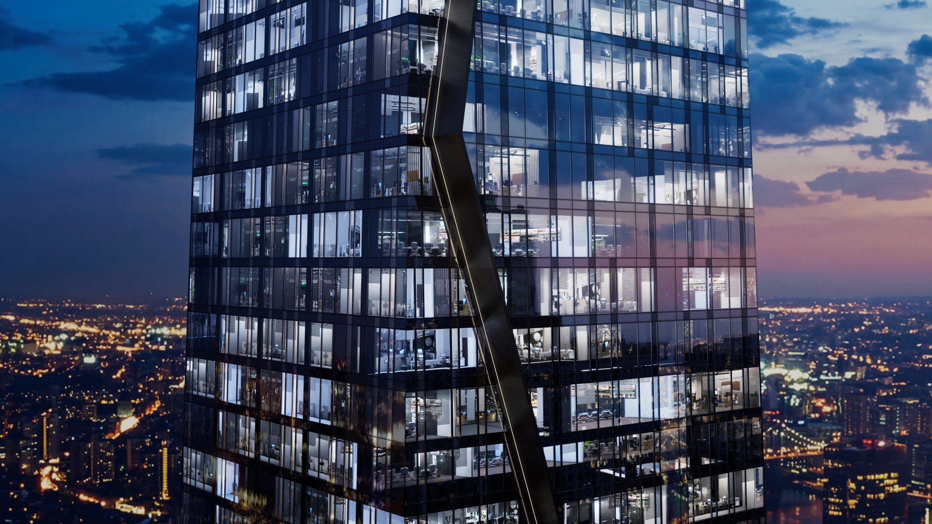 a modern glassfronted skyscraper glimmers against the twilight sky intricately designed with a unique angular facade illuminated office spaces reflect vibrant city lights below creating a lively urban scene filled with a sense of sophisticated energy digital production A modern, glass-fronted skyscraper glimmers against the twilight sky, intricately designed with a unique angular facade. Illuminated office spaces reflect vibrant city lights below, creating a lively urban scene filled with a sense of sophisticated energy.