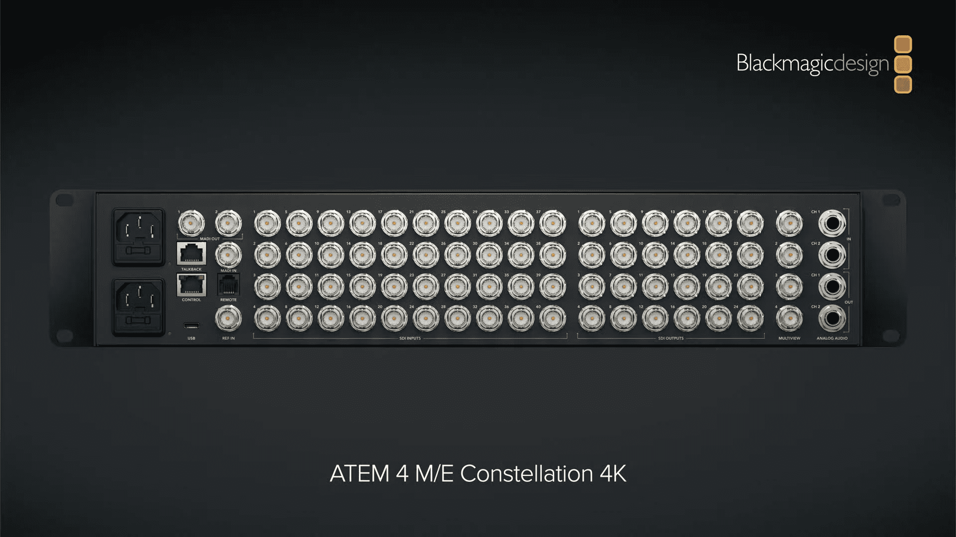a sleek black audiovisual mixer panel with a multitude of circular knobs and connectors arranged neatly across its surface the panel is designed for professional use featuring labeled input and output ports along with a prominent logo of blackmagic design in the top corner indicating its hightech functionality digital production A sleek, black audio-visual mixer panel with a multitude of circular knobs and connectors arranged neatly across its surface. The panel is designed for professional use, featuring labeled input and output ports, along with a prominent logo of Blackmagic Design in the top corner, indicating its high-tech functionality.