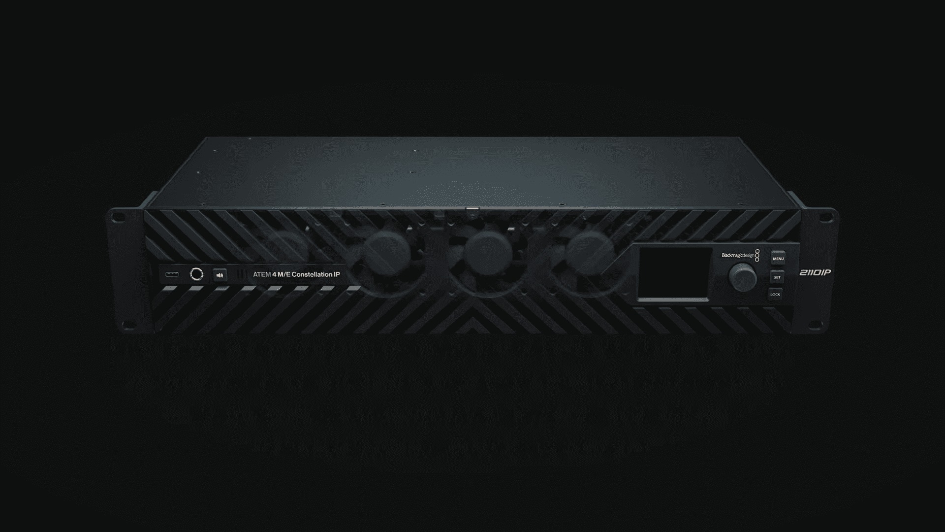 a sleek black audio interface device with a modern design featuring two large knobs for volume control centrally located to the right a small lcd screen displays information while the front panel has various ports and buttons enhancing its professional look digital production A sleek, black audio interface device with a modern design, featuring two large knobs for volume control centrally located. To the right, a small LCD screen displays information, while the front panel has various ports and buttons, enhancing its professional look.