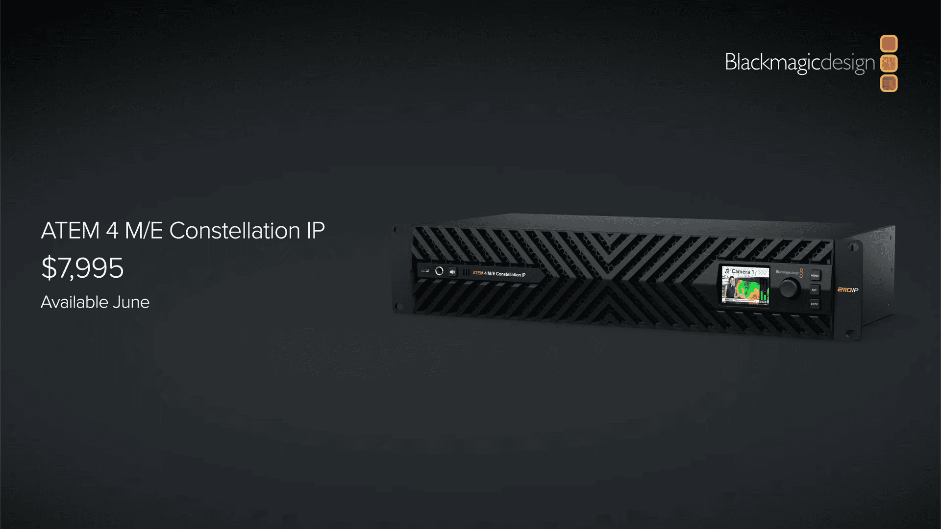 a sleek black rackmounted video switcher the atem 4 me constellation ip by blackmagic design is showcased prominently it features a front panel with ventilation slits and a small monitor displaying colorful visual outputs emphasizing its advanced technology and design pricing and availability details are presented beside it digital production A sleek, black rack-mounted video switcher, the ATEM 4 M/E Constellation IP by Blackmagic Design, is showcased prominently. It features a front panel with ventilation slits and a small monitor displaying colorful visual outputs, emphasizing its advanced technology and design. Pricing and availability details are presented beside it.