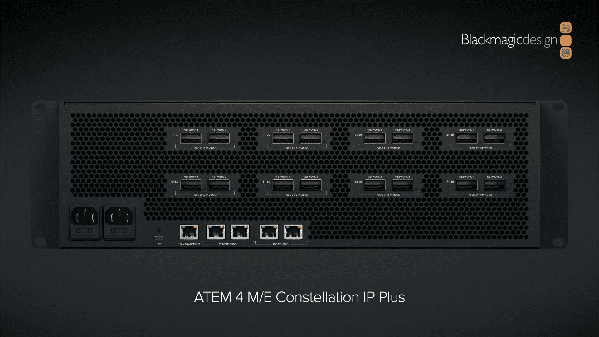 the image shows the back view of a blackmagic design atem 4 me constellation ip plus video switcher it features a sleek black design with ventilation holes multiple connections for usb and network ports and power outlets all arranged in an organized manner against a muted background digital production The image shows the back view of a Blackmagic Design ATEM 4 M/E Constellation IP Plus video switcher. It features a sleek black design with ventilation holes, multiple connections for USB and network ports, and power outlets, all arranged in an organized manner against a muted background.