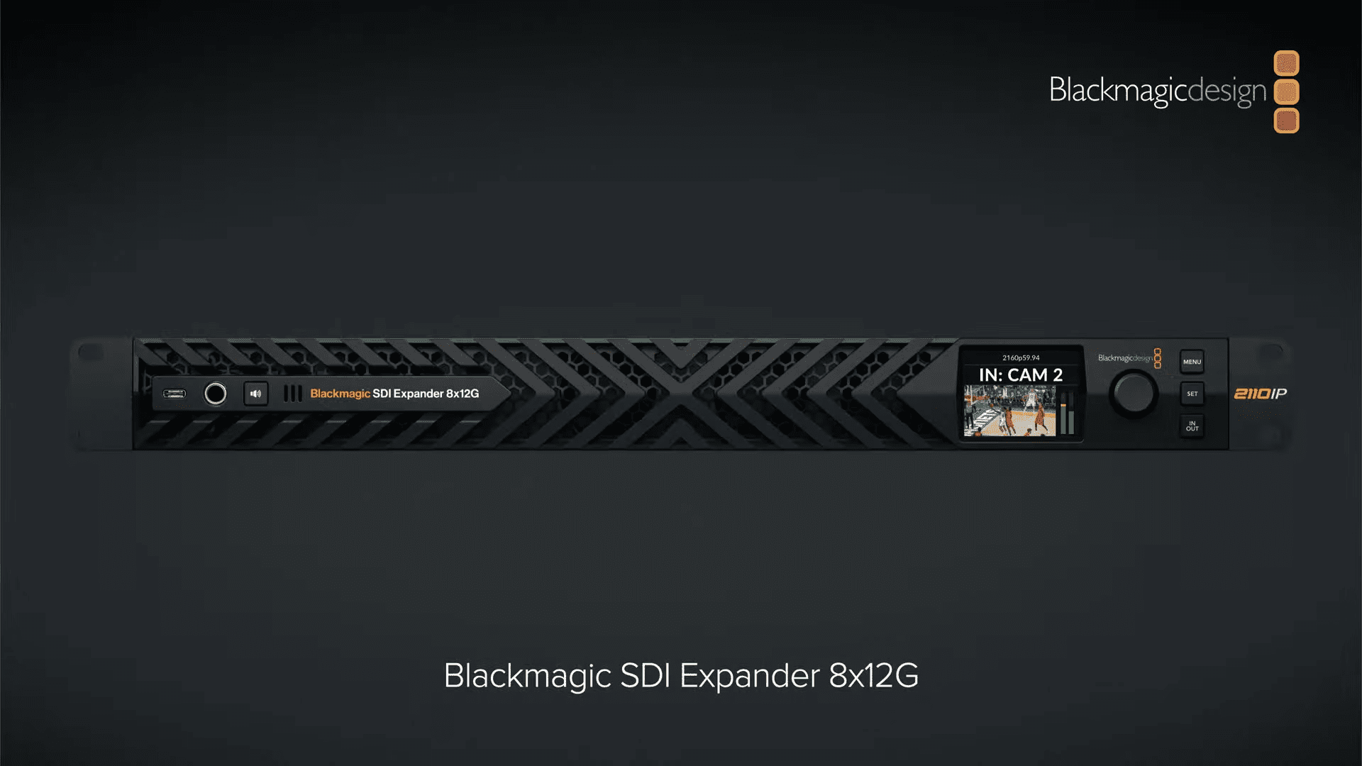 the blackmagic sdi expander 8x12g features a sleek matte black design with an intricate vent pattern it includes a digital display indicating input from camera 2 along with buttons and indicators all positioned harmoniously for streamlined operation digital production The Blackmagic SDI Expander 8x12G features a sleek, matte black design with an intricate vent pattern. It includes a digital display indicating input from camera 2, along with buttons and indicators, all positioned harmoniously for streamlined operation.