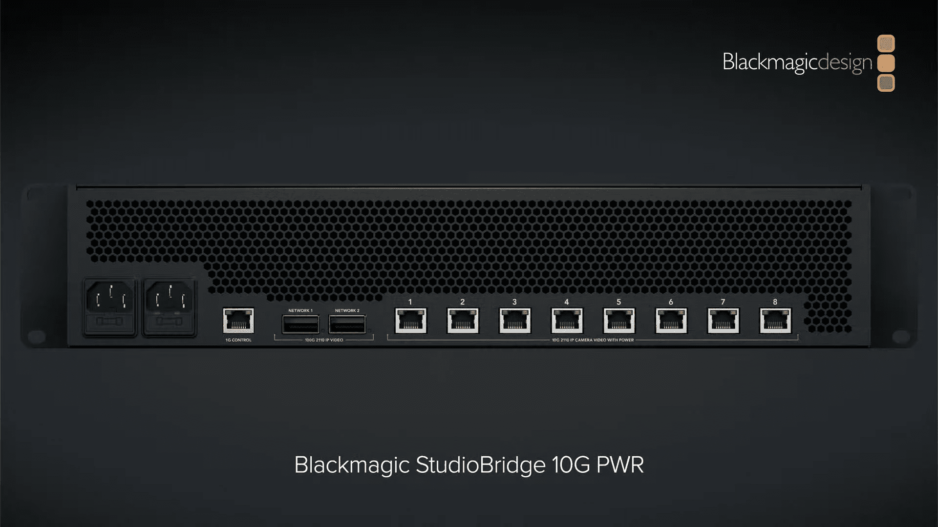 the image displays the rear view of the blackmagic studiobridge 10g pwr showcasing its sleek black design it features multiple ethernet ports two power outlets and usb ports lined up neatly along the perforated surface emphasizing its professional look and functionality digital production The image displays the rear view of the Blackmagic StudioBridge 10G PWR, showcasing its sleek black design. It features multiple Ethernet ports, two power outlets, and USB ports lined up neatly along the perforated surface, emphasizing its professional look and functionality.
