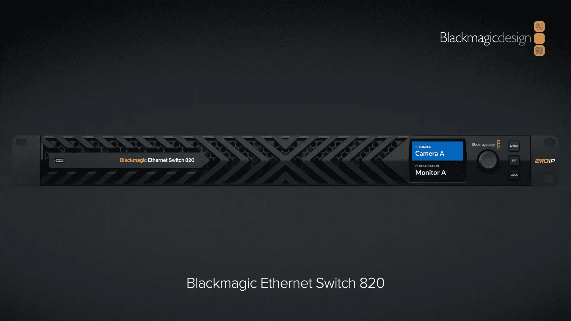 the blackmagic ethernet switch 820 is a sleek modern device with a black matte finish and a textured pattern it features a clear display showing camera a and monitor a settings alongside a rounded black knob for adjustments all set against a dark background digital production The Blackmagic Ethernet Switch 820 is a sleek, modern device with a black matte finish and a textured pattern. It features a clear display showing "Camera A" and "Monitor A" settings, alongside a rounded black knob for adjustments, all set against a dark background.