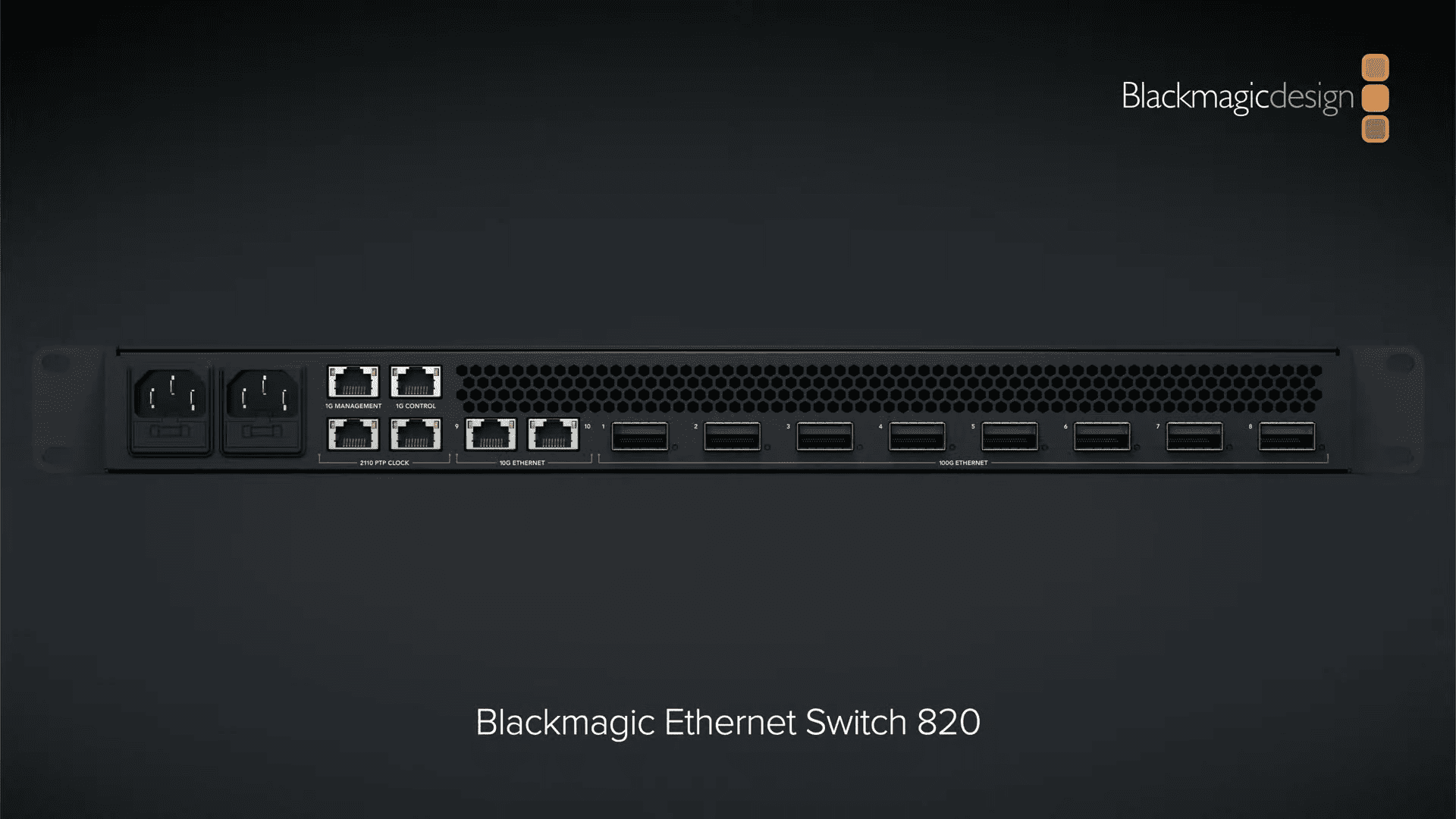 the blackmagic ethernet switch 820 is displayed against a dark background showcasing its sleek design it features multiple ethernet ports power connectors and ventilation slots emphasizing its professional and modern aesthetic suitable for advanced networking setups digital production The Blackmagic Ethernet Switch 820 is displayed against a dark background, showcasing its sleek design. It features multiple Ethernet ports, power connectors, and ventilation slots, emphasizing its professional and modern aesthetic suitable for advanced networking setups.