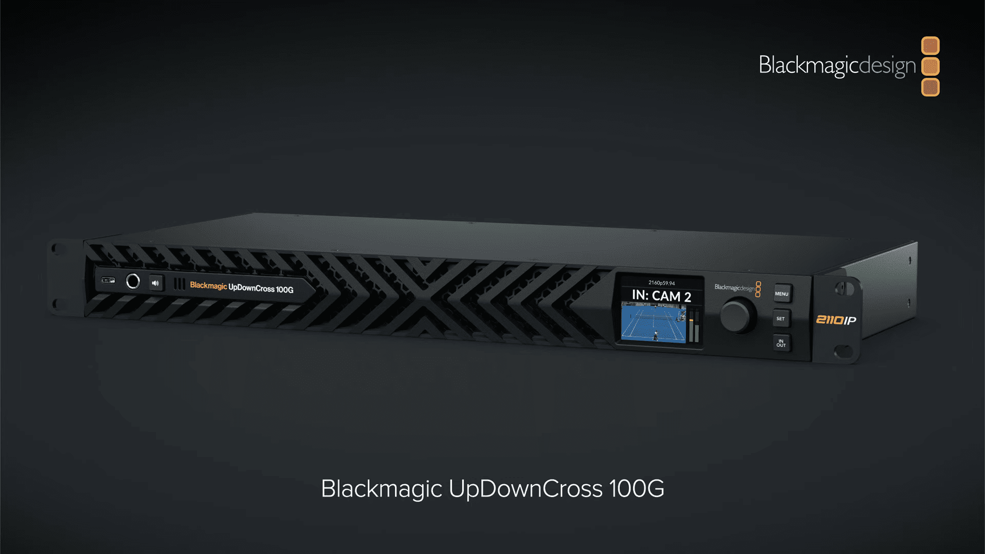 a sleek blackmagic updowncross 100g converter is displayed against a dark background the device features a matte black finish with stylish vents a small digital screen showing input data labeled in cam 2 and an array of buttons highlighting its professional video processing capabilities digital production A sleek Blackmagic UpDownCross 100G converter is displayed against a dark background. The device features a matte black finish with stylish vents, a small digital screen showing input data labeled "IN: CAM 2," and an array of buttons, highlighting its professional video processing capabilities.