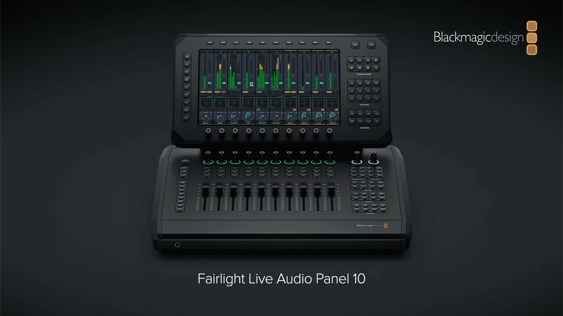 a sleek blackmagic design fairlight live audio panel 10 positioned on a dark surface it features an intricate layout of knobs faders and illuminated meters all set against a polished black backdrop conveying a modern professional audio mixing environment digital production A sleek Blackmagic Design Fairlight Live Audio Panel 10 positioned on a dark surface. It features an intricate layout of knobs, faders, and illuminated meters, all set against a polished black backdrop, conveying a modern, professional audio mixing environment.