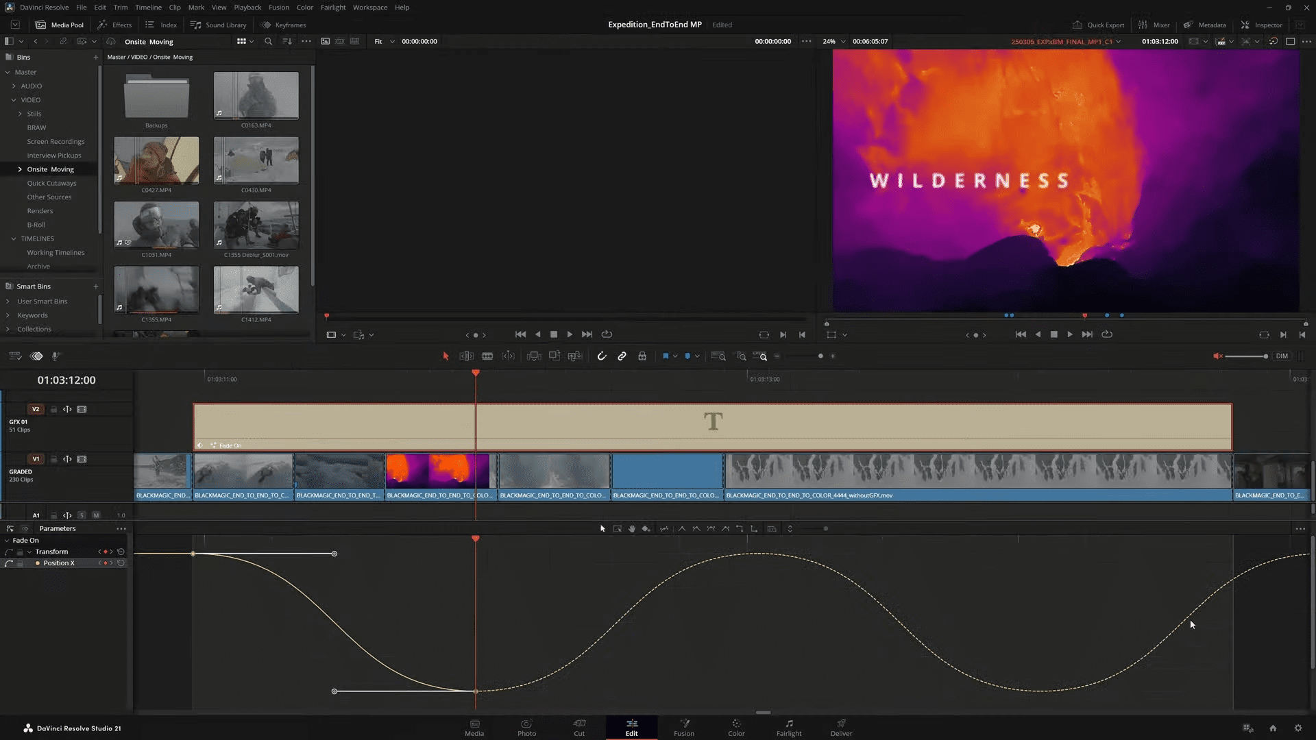 a screenshot of video editing software interface displaying a timeline with various clips in shades of grey and vibrant colors the upper right section showcases a visually striking title reading wilderness against a dramatic background of orange and purple hues evoking a fiery landscape digital production A screenshot of video editing software interface displaying a timeline with various clips in shades of grey and vibrant colors. The upper right section showcases a visually striking title reading 'WILDERNESS' against a dramatic background of orange and purple hues, evoking a fiery landscape.