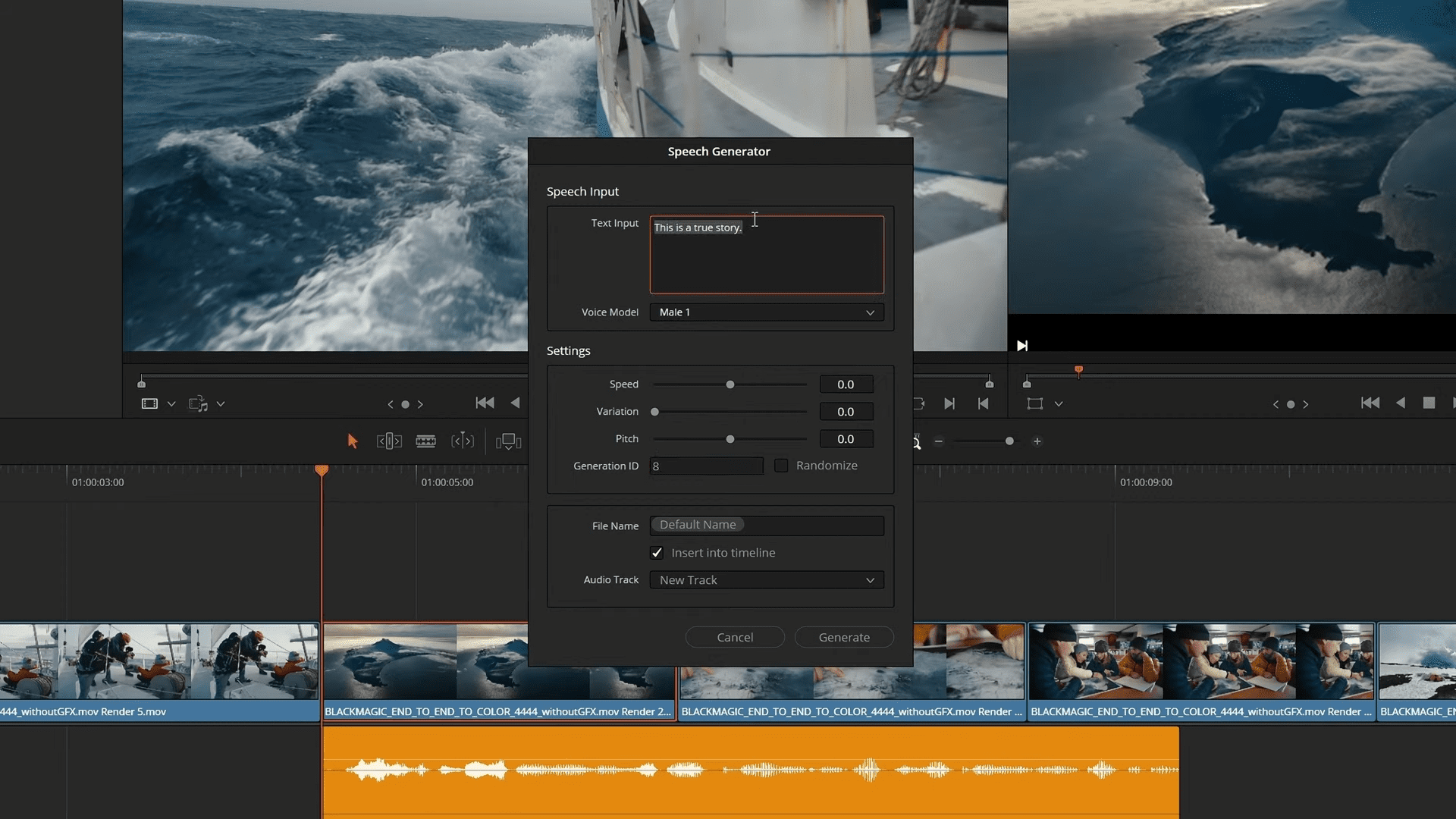 a digital editing software interface displays a speech generator tool the main screen shows a video of ocean waves while thumbnails feature scenes of people working onboard a boat the settings panel allows adjustments for text input and audio features digital production A digital editing software interface displays a speech generator tool. The main screen shows a video of ocean waves, while thumbnails feature scenes of people working onboard a boat. The settings panel allows adjustments for text input and audio features.