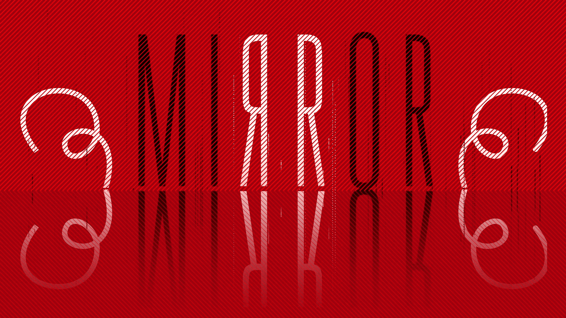 the image features the word mirror prominently displayed in stylish alternating black and white fonts against a vibrant red background elaborate swirling designs flank the text adding a decorative flair while the glossy surface below creates a striking reflection that enhances the visual impact digital production The image features the word "MIRROR" prominently displayed in stylish, alternating black and white fonts against a vibrant red background. Elaborate, swirling designs flank the text, adding a decorative flair, while the glossy surface below creates a striking reflection that enhances the visual impact.