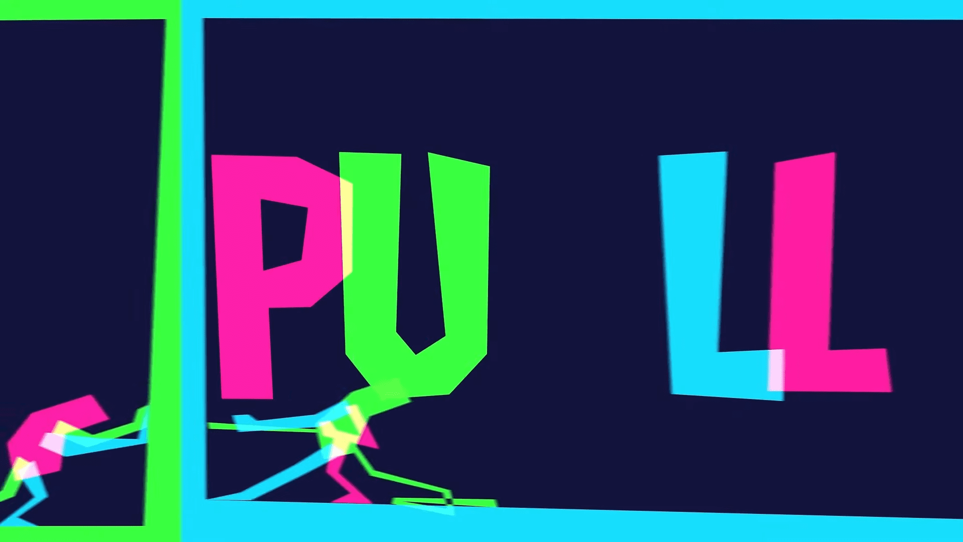 an abstract digital illustration features a vibrant contrasting color palette of neon greens pinks and blues in the center the large word pull is stylized with block letters while colorful geometric human figures dynamically engage in a pulling motion enhancing the visual energy digital production An abstract digital illustration features a vibrant, contrasting color palette of neon greens, pinks, and blues. In the center, the large word "PULL" is stylized with block letters, while colorful, geometric human figures dynamically engage in a pulling motion, enhancing the visual energy.