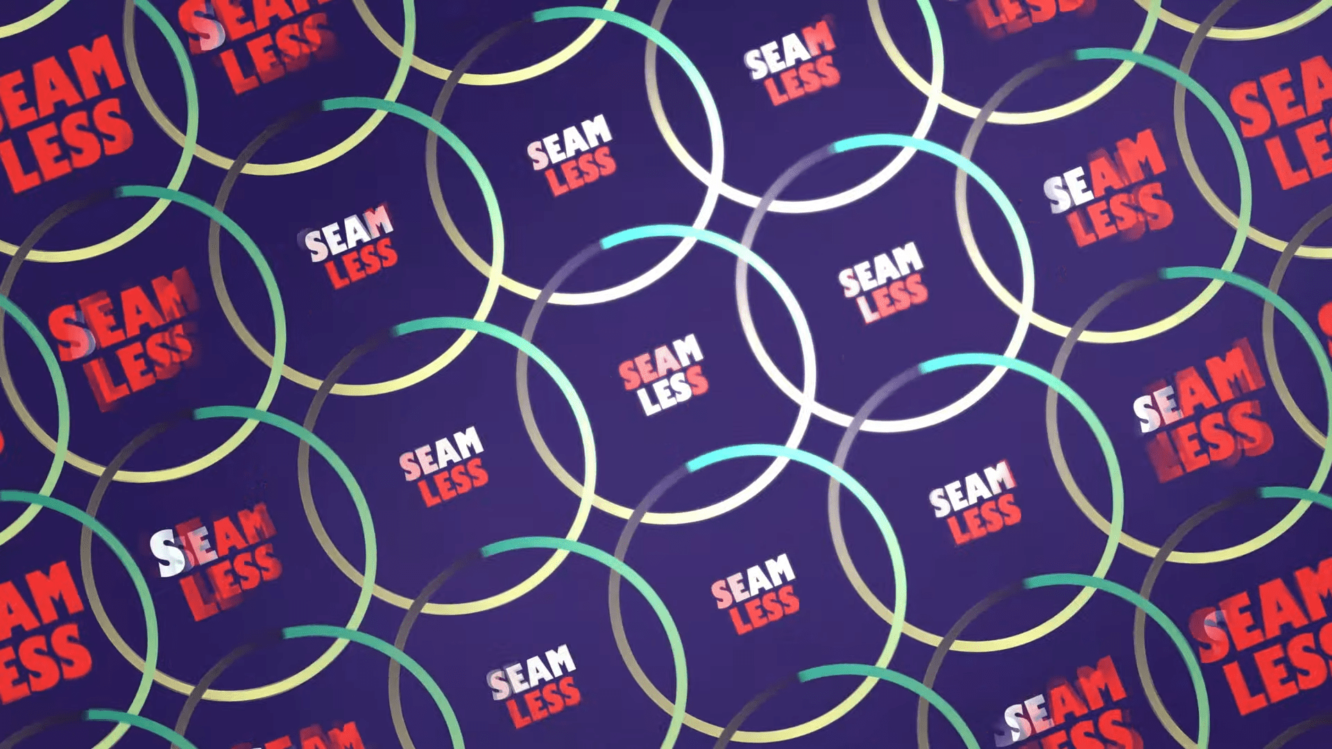 a vibrant background featuring a repeating pattern of interlocking circles in shades of gold and mint green against a deep purple backdrop the word seamless is prominently displayed in bold red letters seamlessly integrated within the circular designs digital production A vibrant background featuring a repeating pattern of interlocking circles in shades of gold and mint green against a deep purple backdrop. The word "SEAMLESS" is prominently displayed in bold red letters, seamlessly integrated within the circular designs.