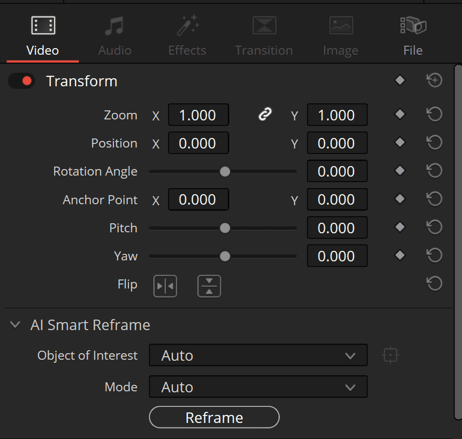 an interface showcasing video editing tools with sections for video transformation adjustments the panel includes sliders for zoom rotation angle anchor point pitch and yaw accompanied by a toggle for ai smart reframe offering options for object of interest digital production An interface showcasing video editing tools, with sections for video transformation adjustments. The panel includes sliders for Zoom, Rotation Angle, Anchor Point, Pitch, and Yaw, accompanied by a toggle for AI Smart Reframe, offering options for Object of Interest.