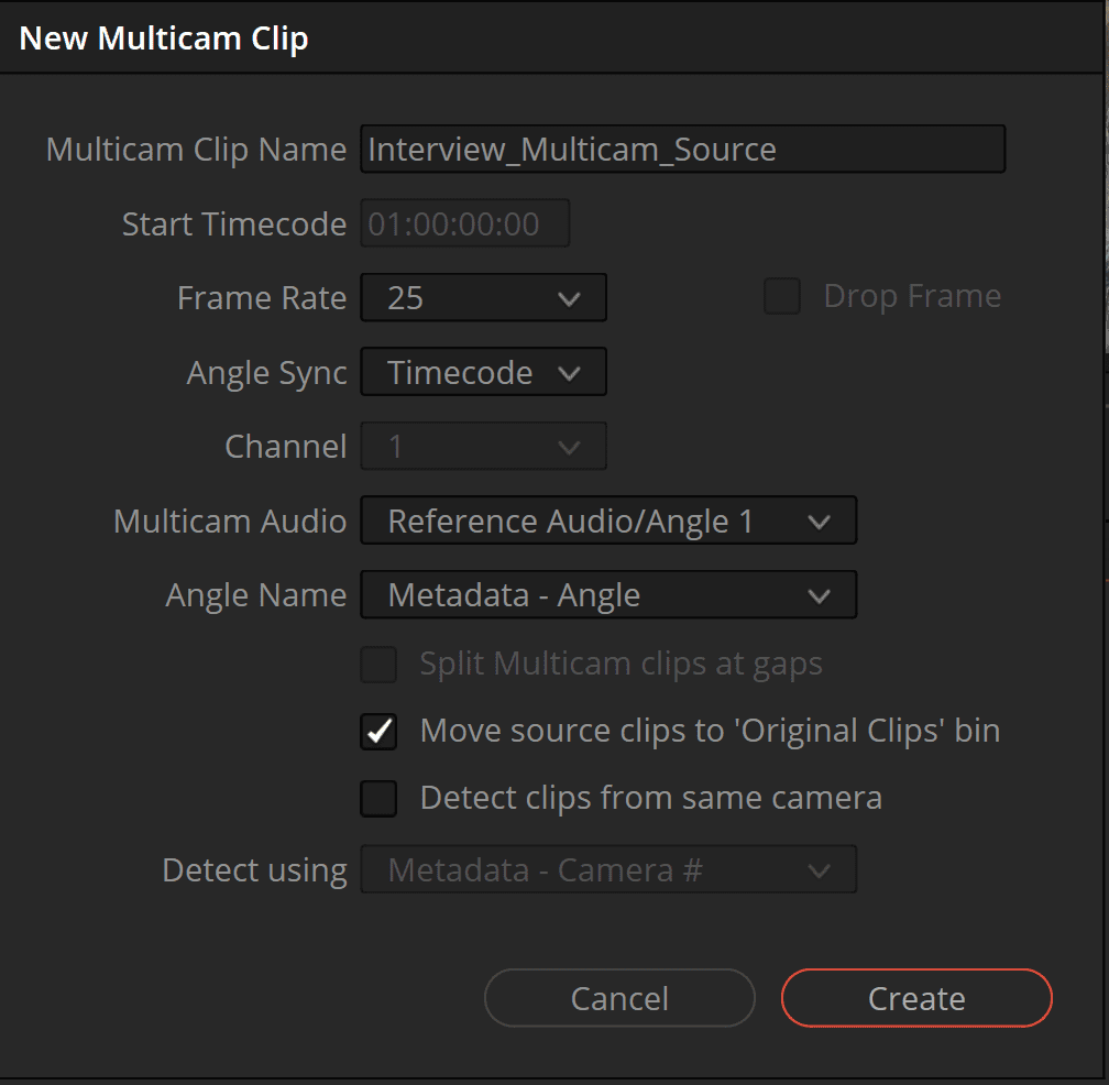 a computer screen displays a software interface for creating a new multicam clip the window features labeled fields such as multicam clip name start timecode frame rate and options for audio and angle settings a large red create button is highlighted at the bottom right digital production A computer screen displays a software interface for creating a new multicam clip. The window features labeled fields such as 'Multicam Clip Name,' 'Start Timecode,' 'Frame Rate,' and options for audio and angle settings. A large red 'Create' button is highlighted at the bottom right.