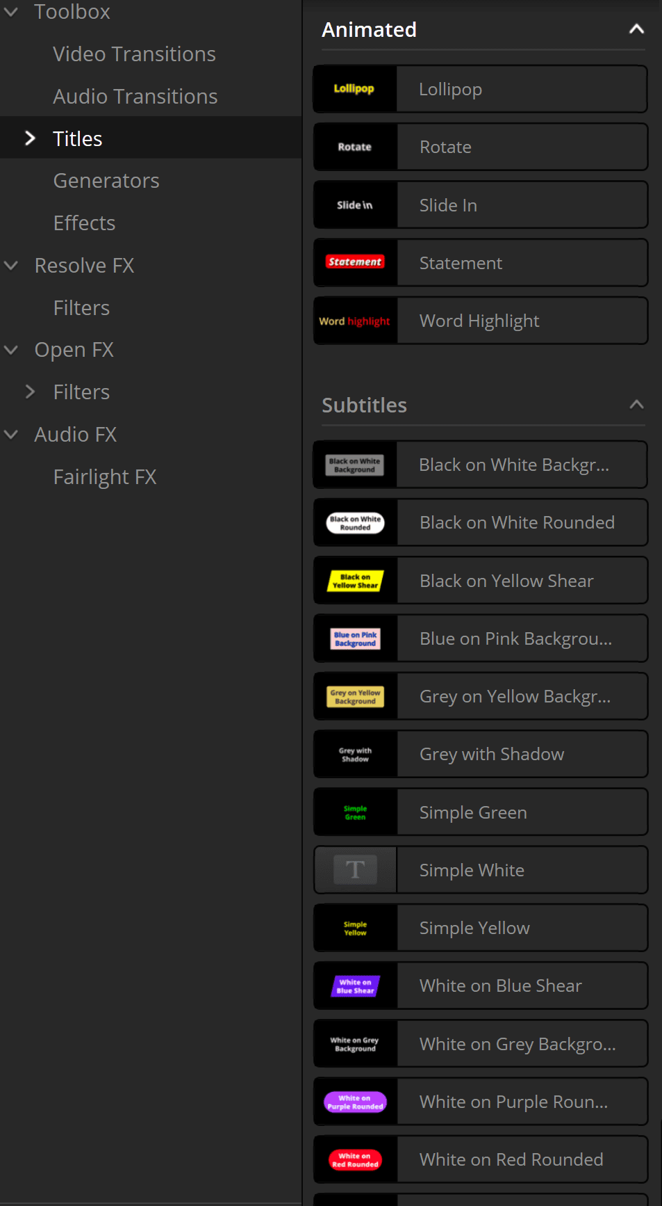 a screenshot of a video editing software interface displaying various title animations and subtitles options the panel includes animated titles like lollipop and slide in along with different subtitle styles on colorful backgrounds organized in a clear userfriendly layout digital production A screenshot of a video editing software interface displaying various title animations and subtitles options. The panel includes animated titles like 'Lollipop' and 'Slide In,' along with different subtitle styles on colorful backgrounds, organized in a clear, user-friendly layout.