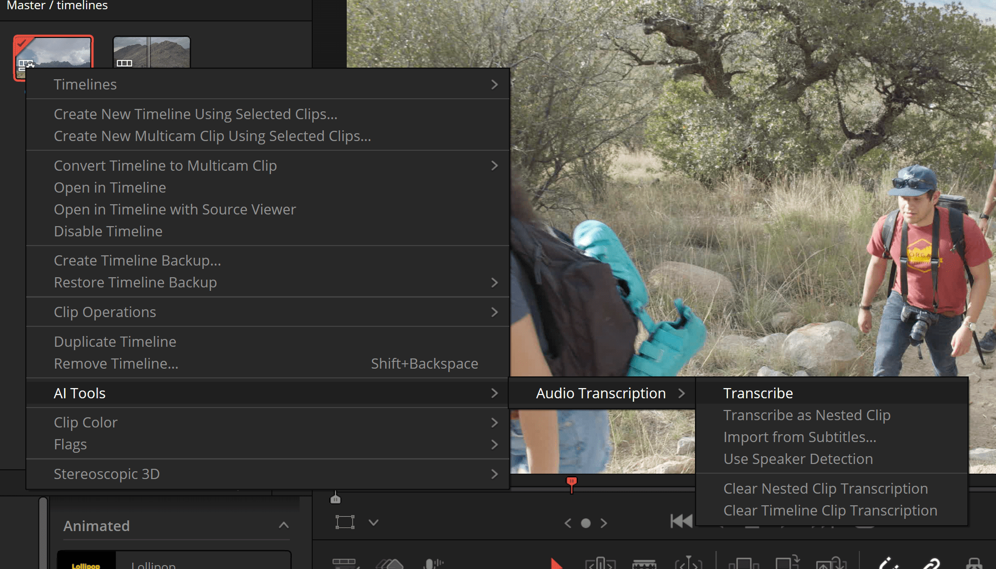 a detailed interface of video editing software displaying a menu with options like create new timeline and audio transcription in the background two individuals are seen walking along a rocky path surrounded by green foliage emphasizing an outdoor setting digital production A detailed interface of video editing software displaying a menu with options like "Create New Timeline" and "Audio Transcription." In the background, two individuals are seen walking along a rocky path surrounded by green foliage, emphasizing an outdoor setting.