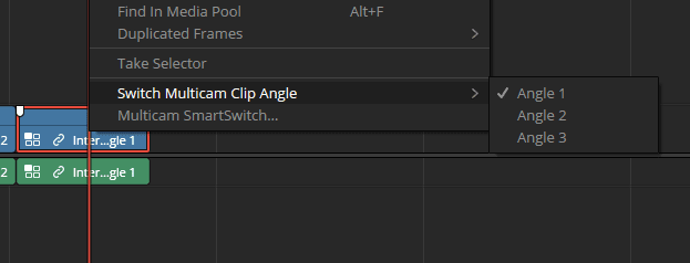 a screenshot of a video editing software interface featuring a menu with options to switch multicam clip angles the menu displays three angles angle 1 angle 2 and angle 3 with angle 1 currently selected the timeline below shows a highlighted clip with a blue overlay indicating it is active digital production A screenshot of a video editing software interface featuring a menu with options to switch multicam clip angles. The menu displays three angles: Angle 1, Angle 2, and Angle 3, with Angle 1 currently selected. The timeline below shows a highlighted clip with a blue overlay, indicating it is active.