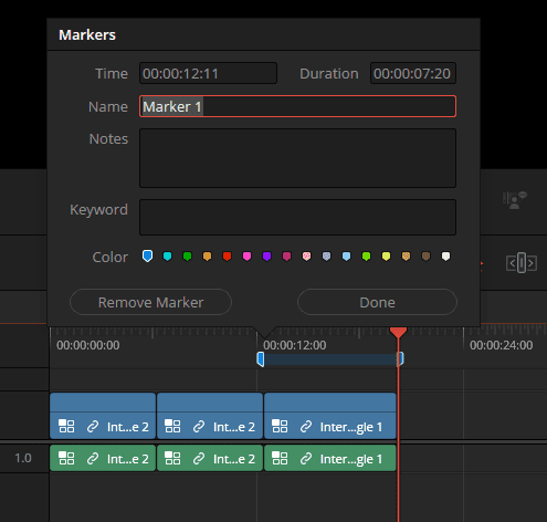 a software interface displays a marker settings dialog box against a dark background the dialog shows fields for time duration name notes keyword and a color selection palette while highlighted timeline clips in blue and green indicate edited sections digital production A software interface displays a marker settings dialog box against a dark background. The dialog shows fields for time, duration, name, notes, keyword, and a color selection palette, while highlighted timeline clips in blue and green indicate edited sections.