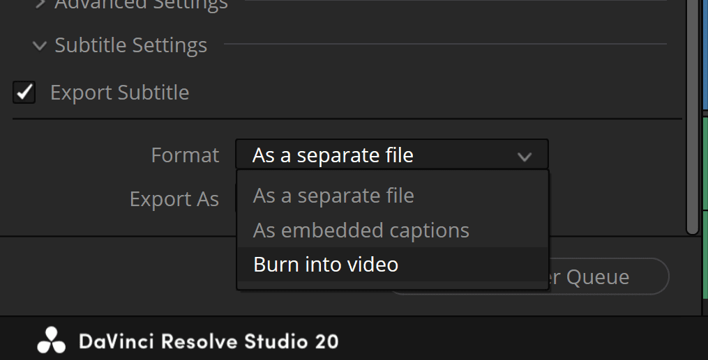 the interface of davinci resolve studio 20 is displayed showcasing the export subtitle settings a dropdown menu is open presenting options for exporting subtitles as a separate file as embedded captions and burn into video the sleek darkthemed ui features icons and a progress bar at the bottom digital production The interface of DaVinci Resolve Studio 20 is displayed, showcasing the export subtitle settings. A dropdown menu is open, presenting options for exporting subtitles: 'As a separate file', 'As embedded captions', and 'Burn into video'. The sleek, dark-themed UI features icons and a progress bar at the bottom.