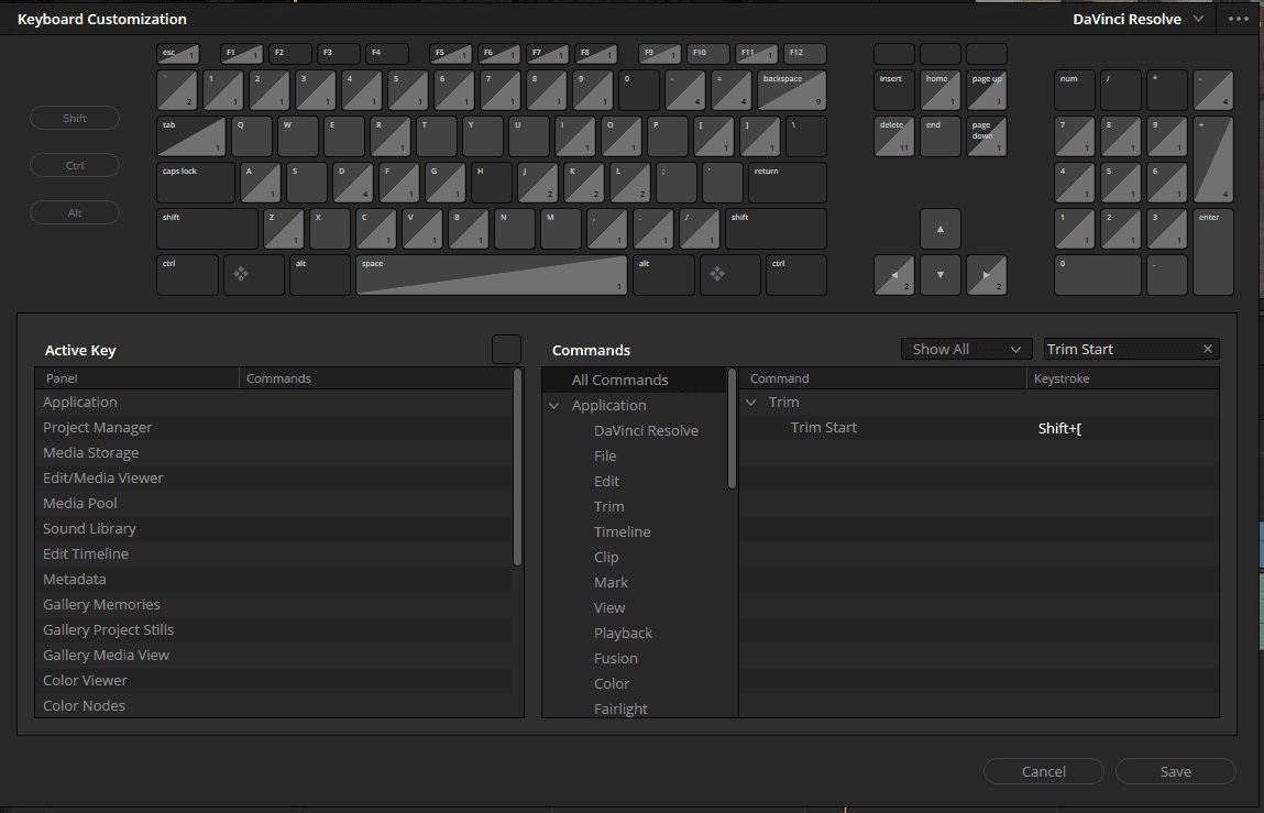 a detailed interface of davinci resolves keyboard customization feature is displayed key commands are organized in a list showing functions like project manager and trim the keyboard layout features various keys highlighted with diagonal lines enhancing visibility and organization digital production A detailed interface of DaVinci Resolve’s keyboard customization feature is displayed. Key commands are organized in a list, showing functions like 'Project Manager' and 'Trim'. The keyboard layout features various keys highlighted with diagonal lines, enhancing visibility and organization.