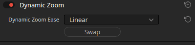 a dark design interface displaying the dynamic zoom settings in a video editing software a red indicator shows recording activity while options for dynamic zoom ease with a dropdown list are visible alongside a prominent swap button all set against a muted sleek background digital production A dark design interface displaying the 'Dynamic Zoom' settings in a video editing software. A red indicator shows recording activity, while options for 'Dynamic Zoom Ease' with a dropdown list are visible alongside a prominent 'Swap' button, all set against a muted, sleek background.