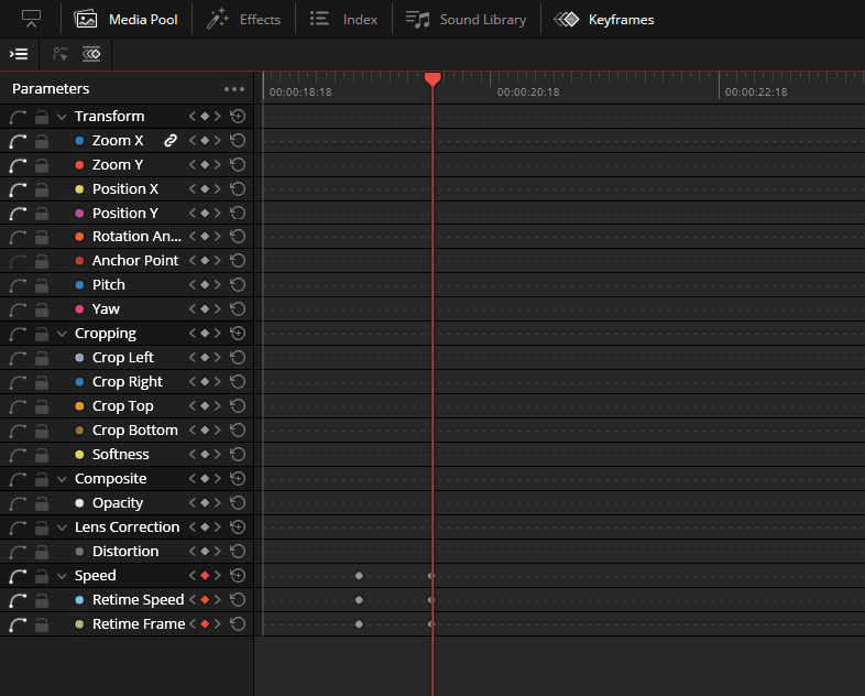 a screenshot displaying a video editing interface with various parameters on the left the media pool section is open featuring options like transform position rotation and speed a red vertical line marks the playhead on the timeline above digital production A screenshot displaying a video editing interface with various parameters on the left. The 'Media Pool' section is open, featuring options like 'Transform', 'Position', 'Rotation', and 'Speed'. A red vertical line marks the playhead on the timeline above.