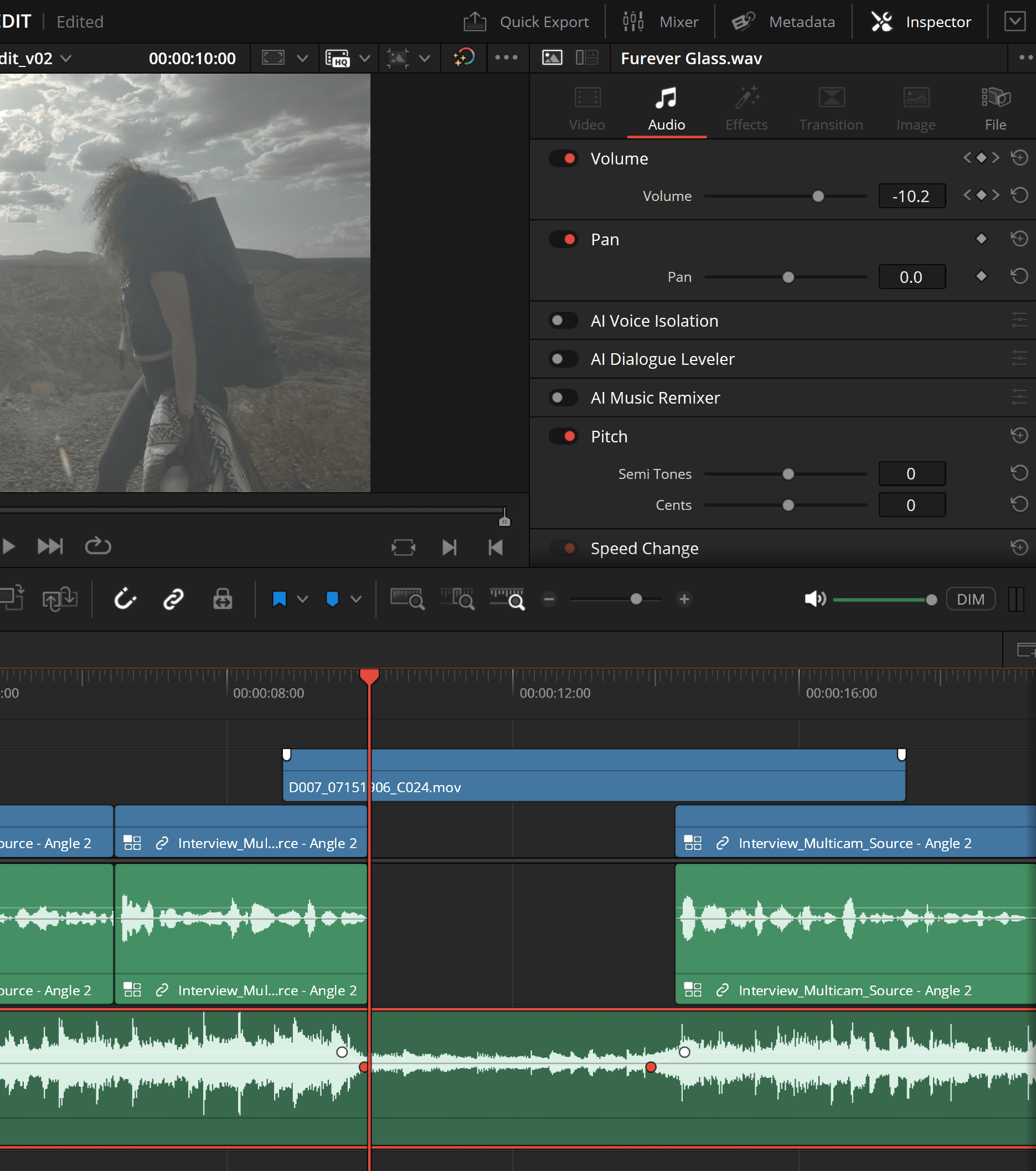 a video editing software interface showing a timeline with multiple video and audio tracks a clip previews a figure walking through a sunlit field framed by fluffy clouds audio settings are visible on the right displaying cursor selections and volume adjustments digital production A video editing software interface showing a timeline with multiple video and audio tracks. A clip previews a figure walking through a sunlit field, framed by fluffy clouds. Audio settings are visible on the right, displaying cursor selections and volume adjustments.