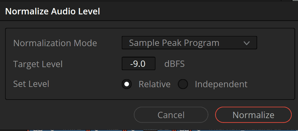 a user interface window titled normalize audio level displays various settings including a dropdown for normalization mode with options a target level set to 90 dbfs and radio buttons for relative and independent levels there are cancel and normalize buttons at the bottom surrounded by a dark background digital production A user interface window titled 'Normalize Audio Level' displays various settings, including a dropdown for 'Normalization Mode' with options, a target level set to -9.0 dBFS, and radio buttons for 'Relative' and 'Independent' levels. There are 'Cancel' and 'Normalize' buttons at the bottom, surrounded by a dark background.
