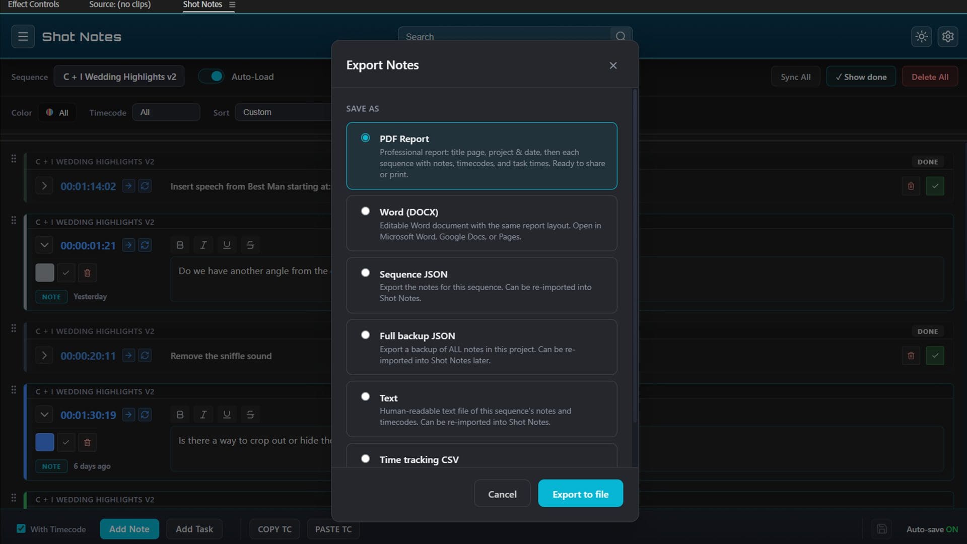 a digital interface displaying an export notes dialog box various export options are visible including pdf report word docx sequence json full backup json and text a portion of a video editing timeline with clips is also visible in the background digital production A digital interface displaying an 'Export Notes' dialog box. Various export options are visible, including 'PDF Report,' 'Word (DOCX),' 'Sequence JSON,' 'Full backup JSON,' and 'Text.' A portion of a video editing timeline with clips is also visible in the background.