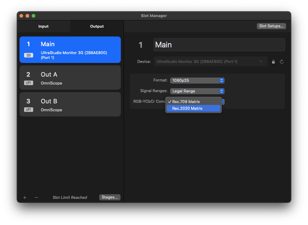 a computer screen displaying the slot manager interface showing various settings including main out a and out b options for format signal range and color matrix settings are visible along with device information digital production A computer screen displaying the Slot Manager interface, showing various settings including 'Main', 'Out A', and 'Out B'. Options for format, signal range, and color matrix settings are visible, along with device information.