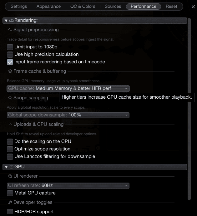 a screenshot of software performance settings highlighting rendering options including signal preprocessing gpu cache settings and downscaling adjustments the interface features a dark theme with various toggles and information about performance impacts digital production A screenshot of software performance settings highlighting rendering options, including signal preprocessing, GPU cache settings, and downscaling adjustments. The interface features a dark theme with various toggles and information about performance impacts.