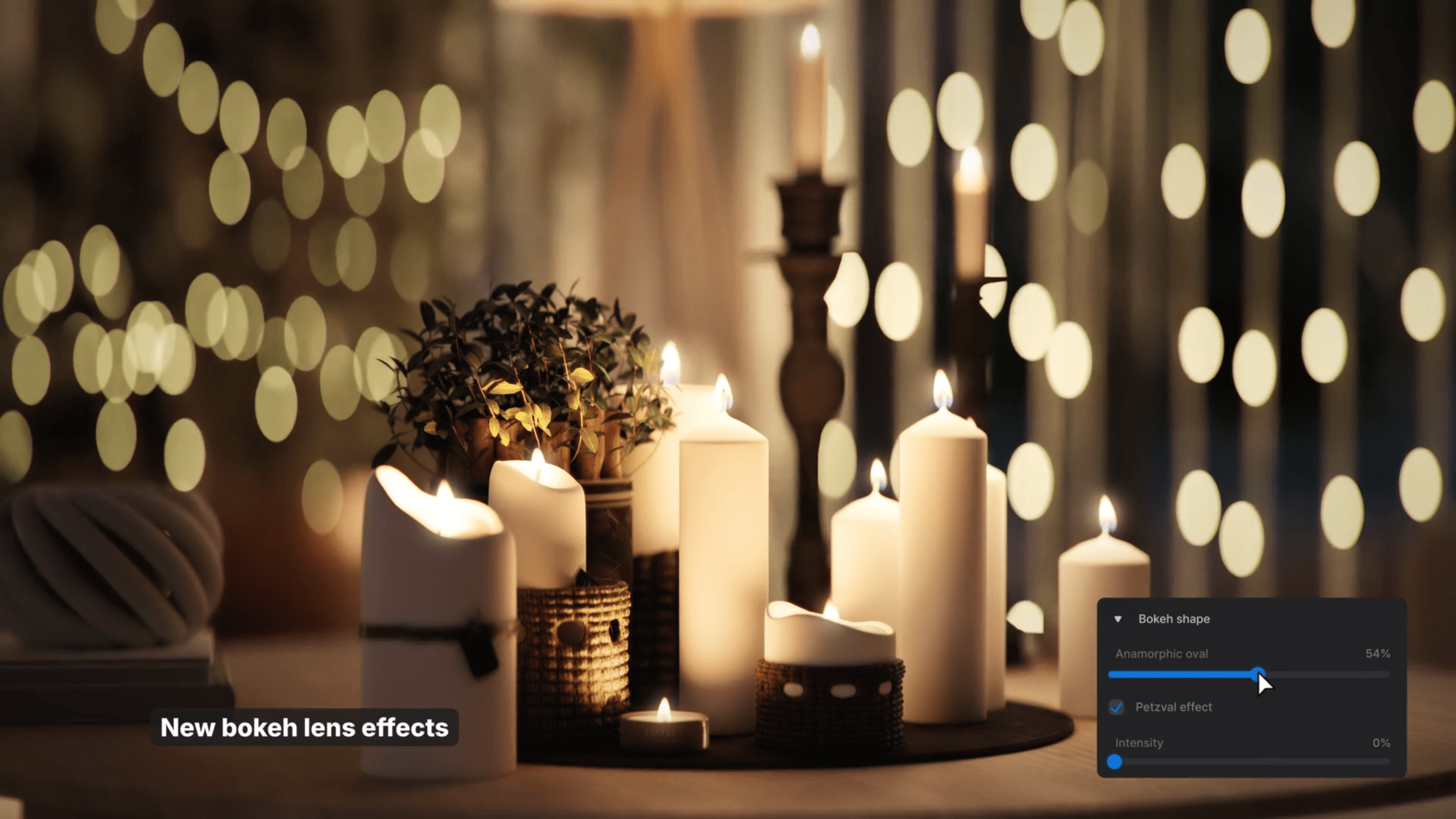 a softly lit table adorned with several white and cream candles of varying heights surrounded by a small green plant in a woven pot in the background a shimmering blur of yellow and white bokeh lights creates a warm inviting atmosphere with a user interface panel showcasing new lens effects digital production A softly lit table adorned with several white and cream candles of varying heights, surrounded by a small green plant in a woven pot. In the background, a shimmering blur of yellow and white bokeh lights creates a warm, inviting atmosphere, with a user interface panel showcasing new lens effects.