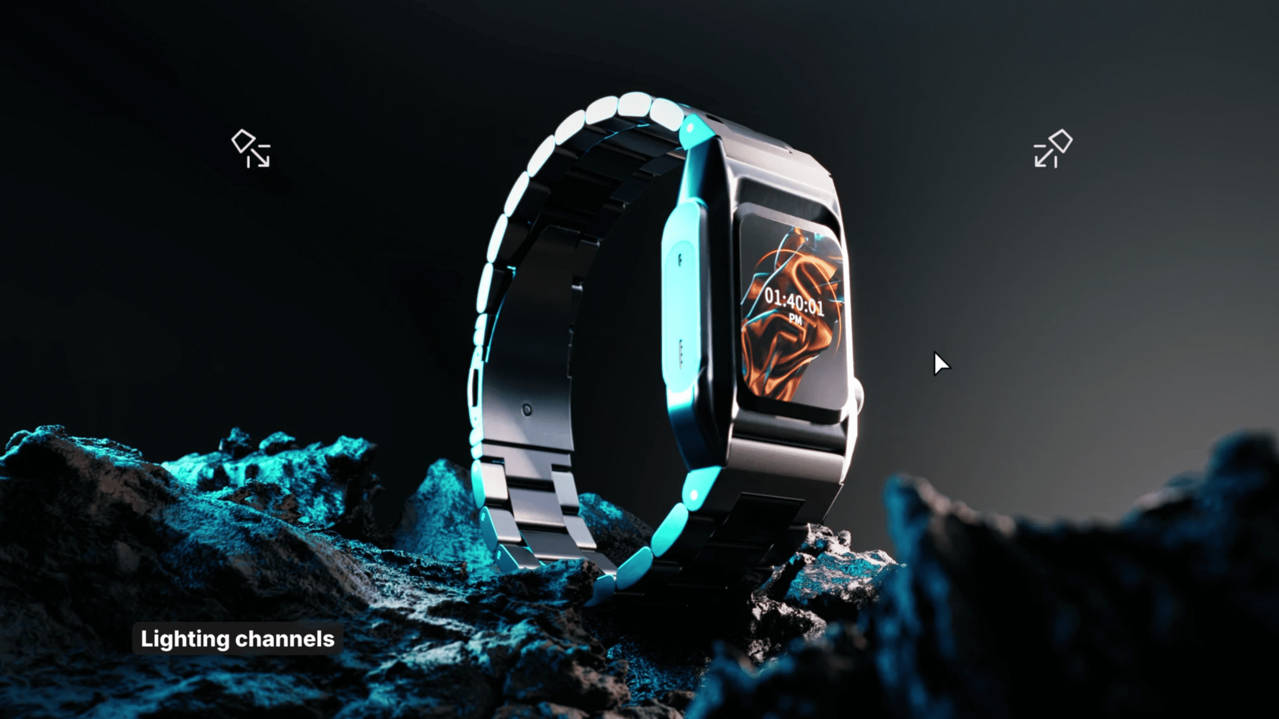 a sleek smartwatch with a metallic bracelet sits prominently on a rugged dark surface the watch screen displays an intricate design illuminated by vibrant blue lighting that contrasts sharply with the black backdrop creating an alluring hightech aesthetic digital production A sleek smartwatch with a metallic bracelet sits prominently on a rugged, dark surface. The watch screen displays an intricate design, illuminated by vibrant, blue lighting that contrasts sharply with the black backdrop, creating an alluring, high-tech aesthetic.