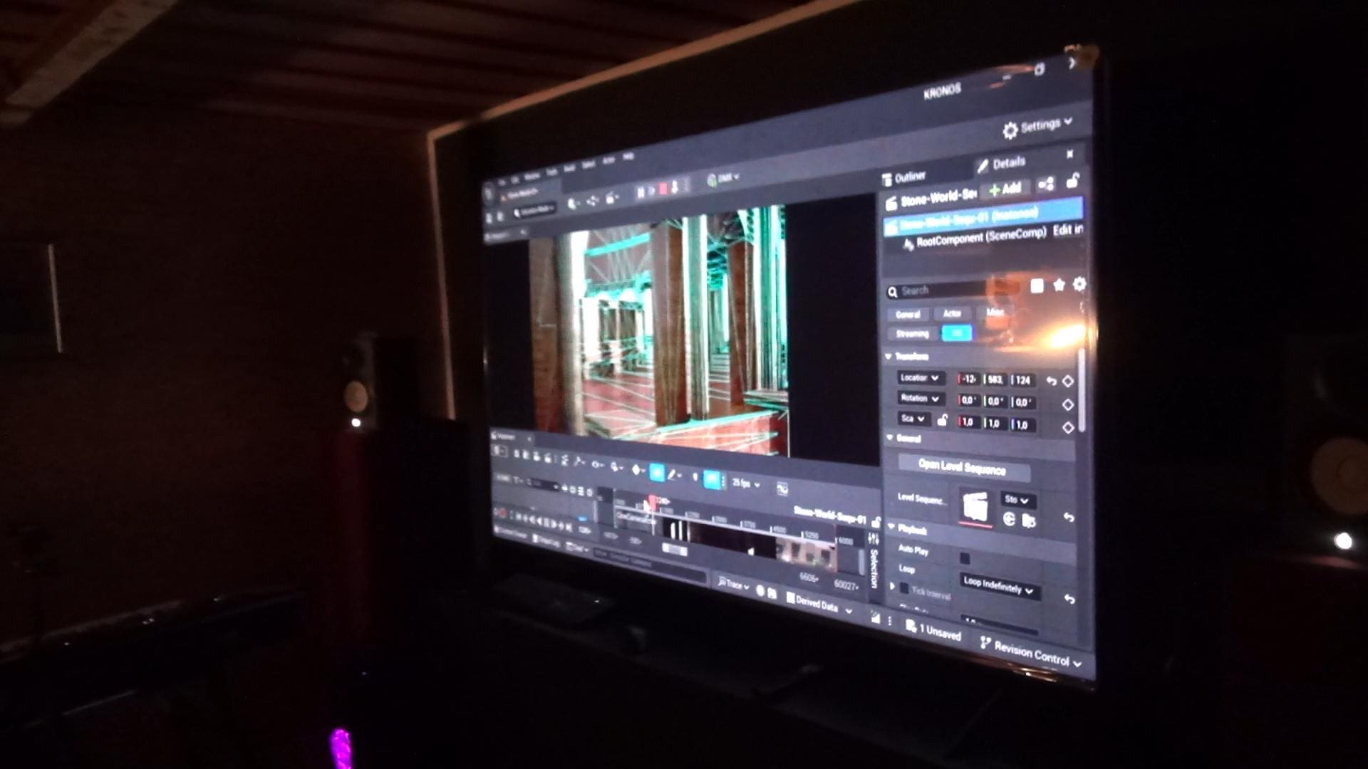 a large television screen displaying software for video editing showcasing an interior scene with wooden floors and intricate columns the surrounding space is dimly lit with furniture and sound equipment partially visible adding a cozy atmosphere digital production A large television screen displaying software for video editing, showcasing an interior scene with wooden floors and intricate columns. The surrounding space is dimly lit, with furniture and sound equipment partially visible, adding a cozy atmosphere.